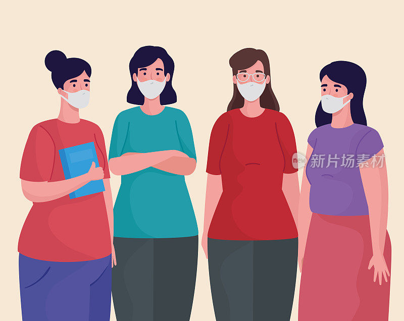 group of women wearing medical masks characters